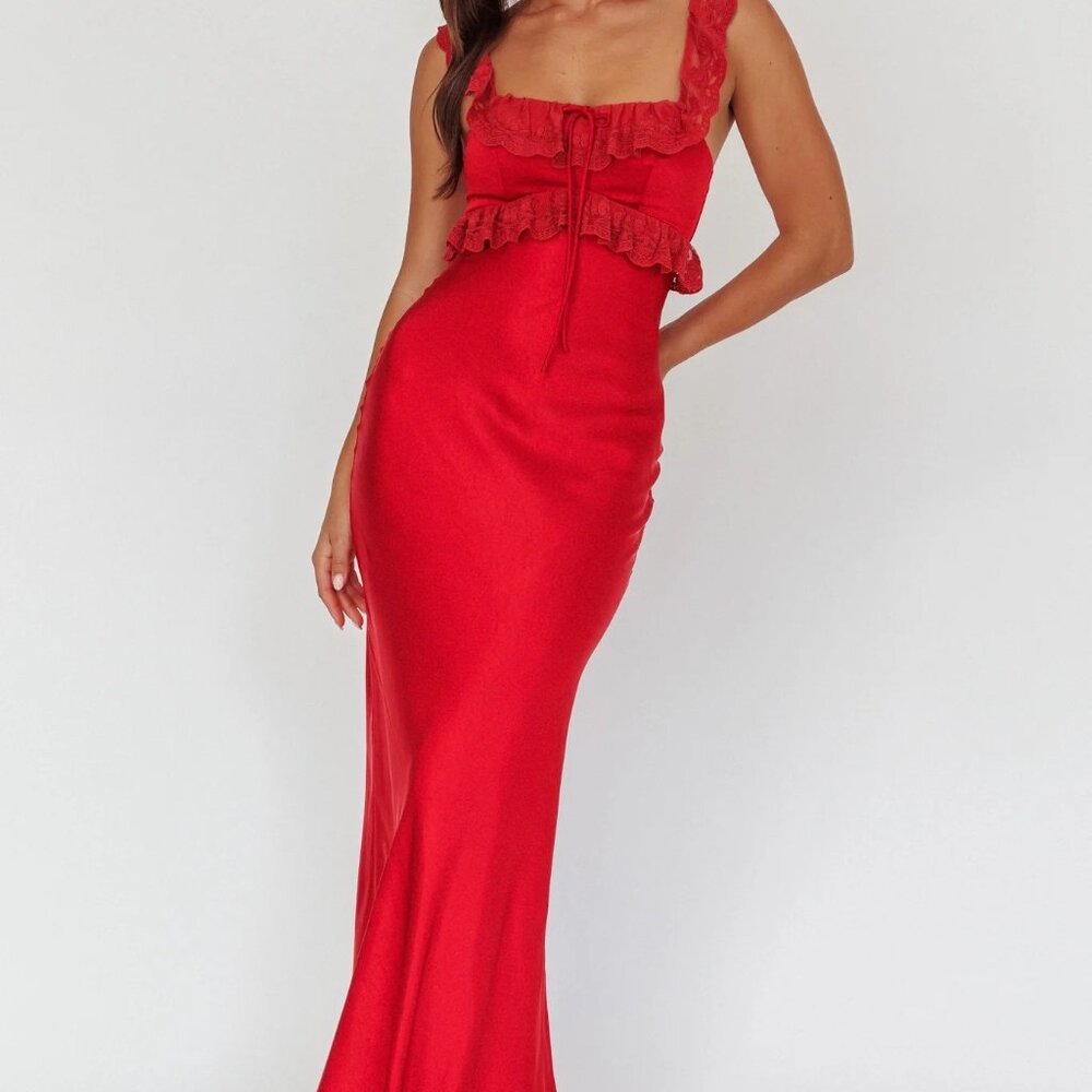 Here Comes the Sun By Selfie Leslie Escapade Lace Trim Maxi Dress Cherry US Sz8